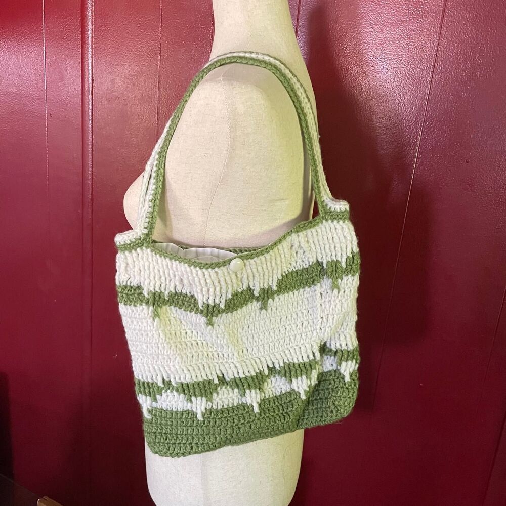 Vintage Handmade Crocheted Lined Flat Shoulder Bag  Green and White
